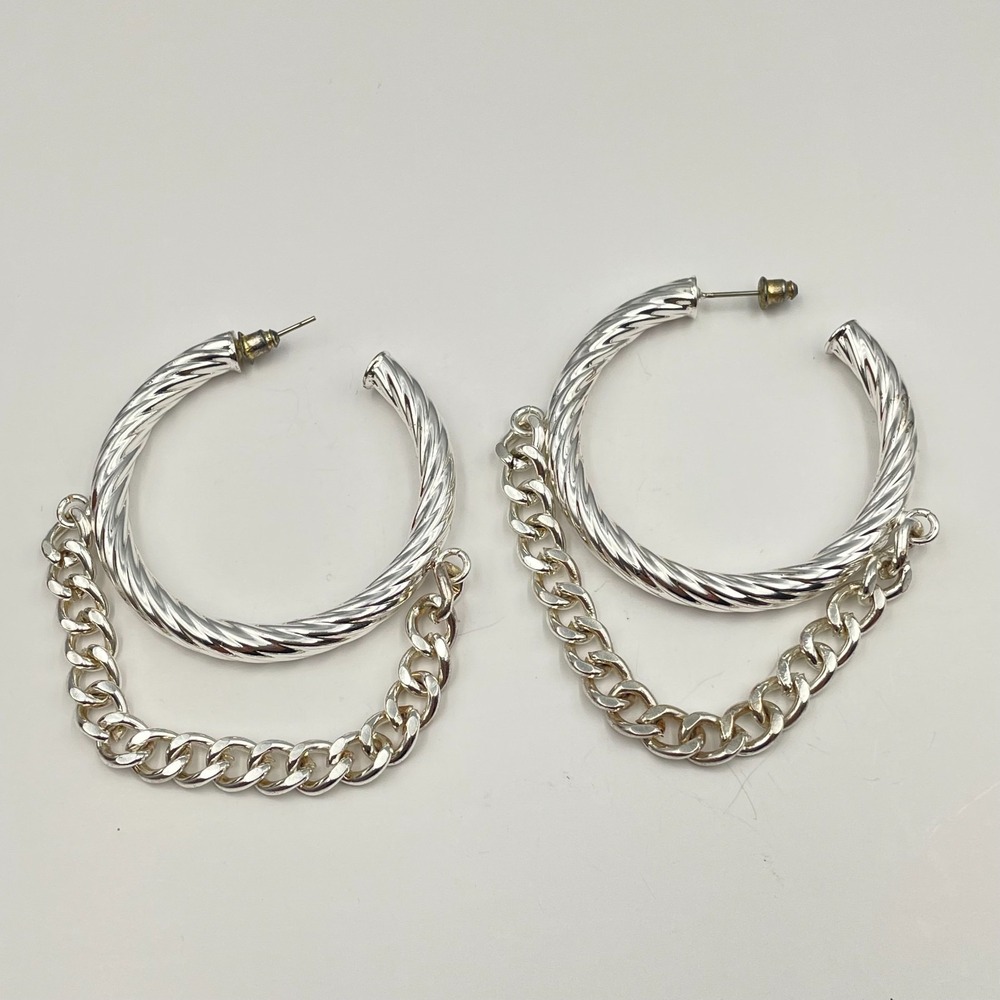Vintage 80s Silver Tone Twisted Hoop Earrings with Curb Chain Dangle Jewelry 90s